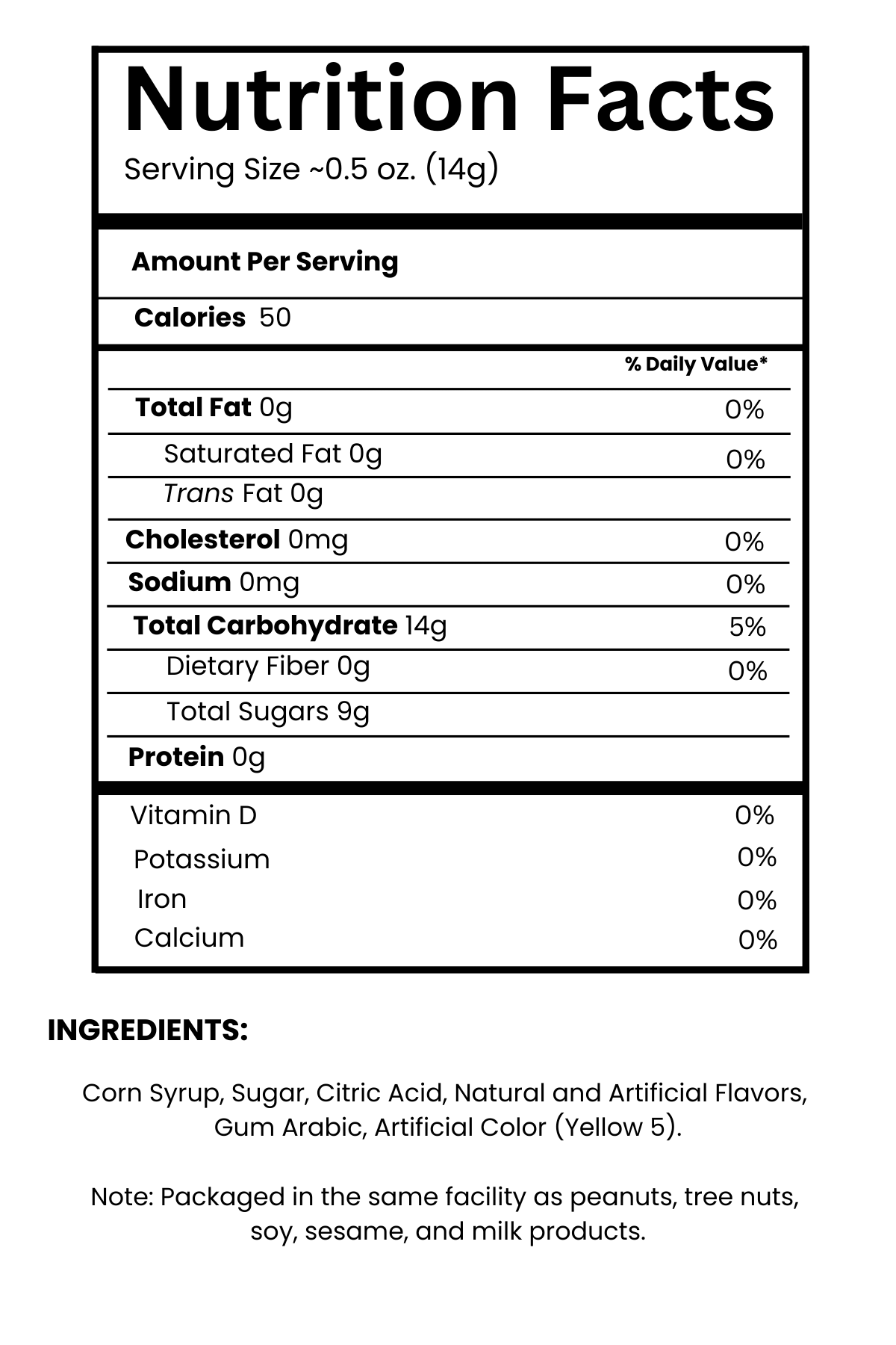 Lemon Drops Nutritional Label