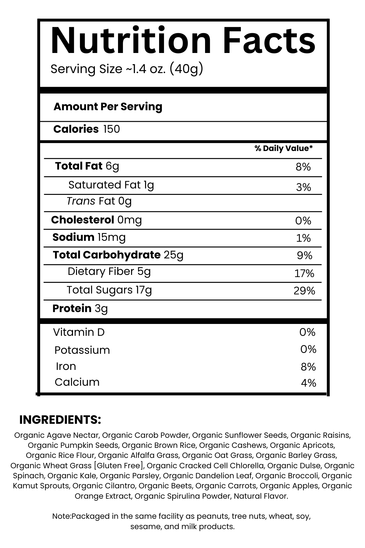 Organic Carob Super Green Energy Squares Nutrition Fact Label